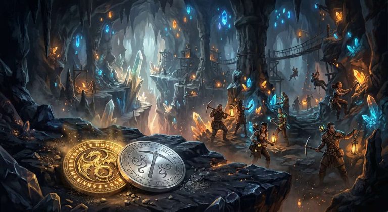 Miners harvest glowing crystals in a vast fantasy cavern, with two runic coins resting in the foreground