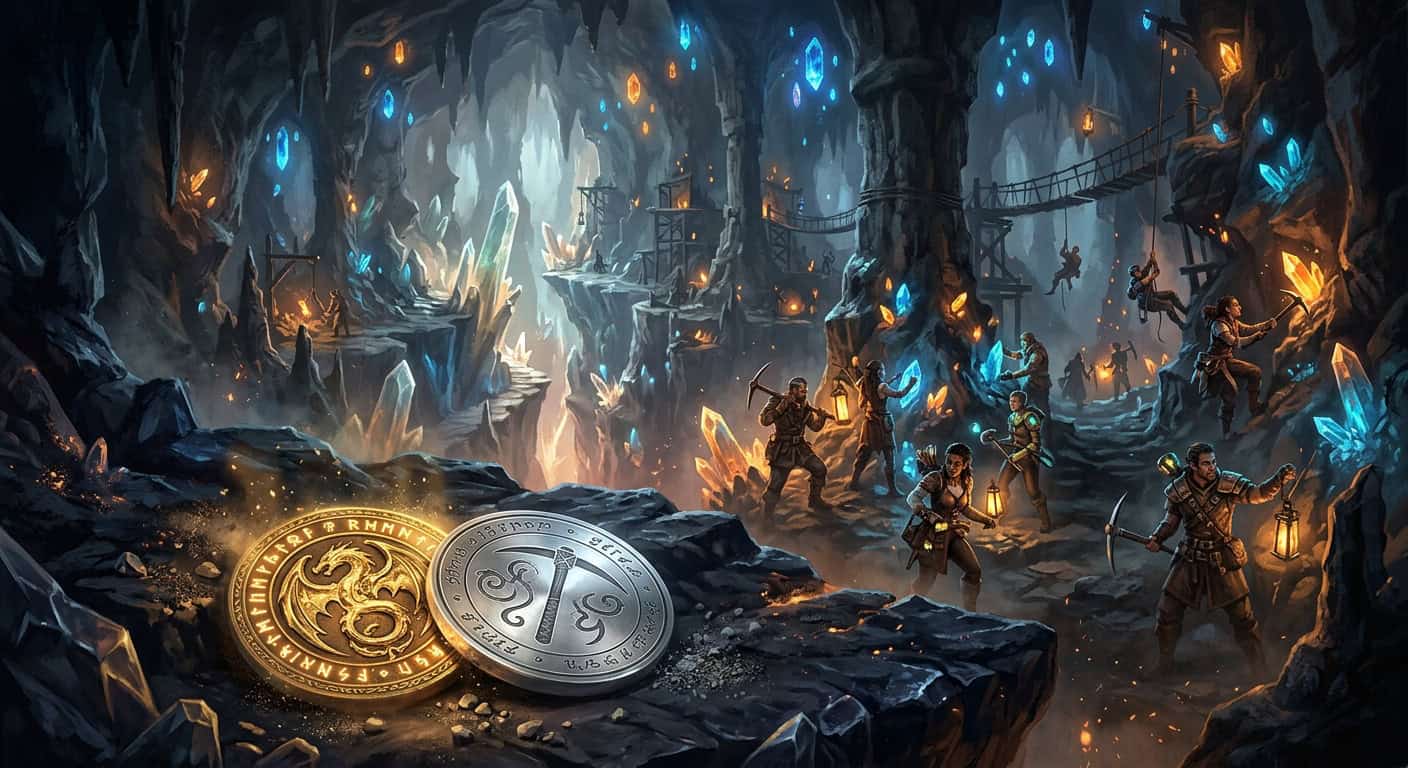 Miners harvest glowing crystals in a vast fantasy cavern, with two runic coins resting in the foreground