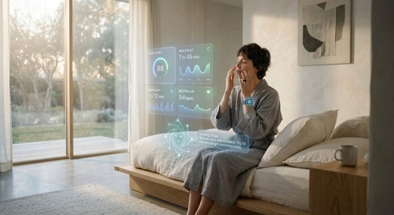 A woman reviews holographic sleep data, including a score of 88, and recovery advice from her wearable device