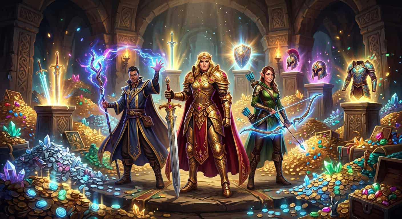 Three fantasy adventurers—a mage, a golden-armored warrior, and an archer—stand in a vault overflowing with treasure