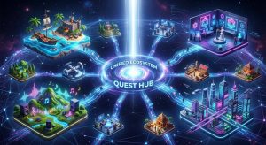 Digital illustration of a central Unified Ecosystem Quest Hub connected by glowing paths to various themed platforms