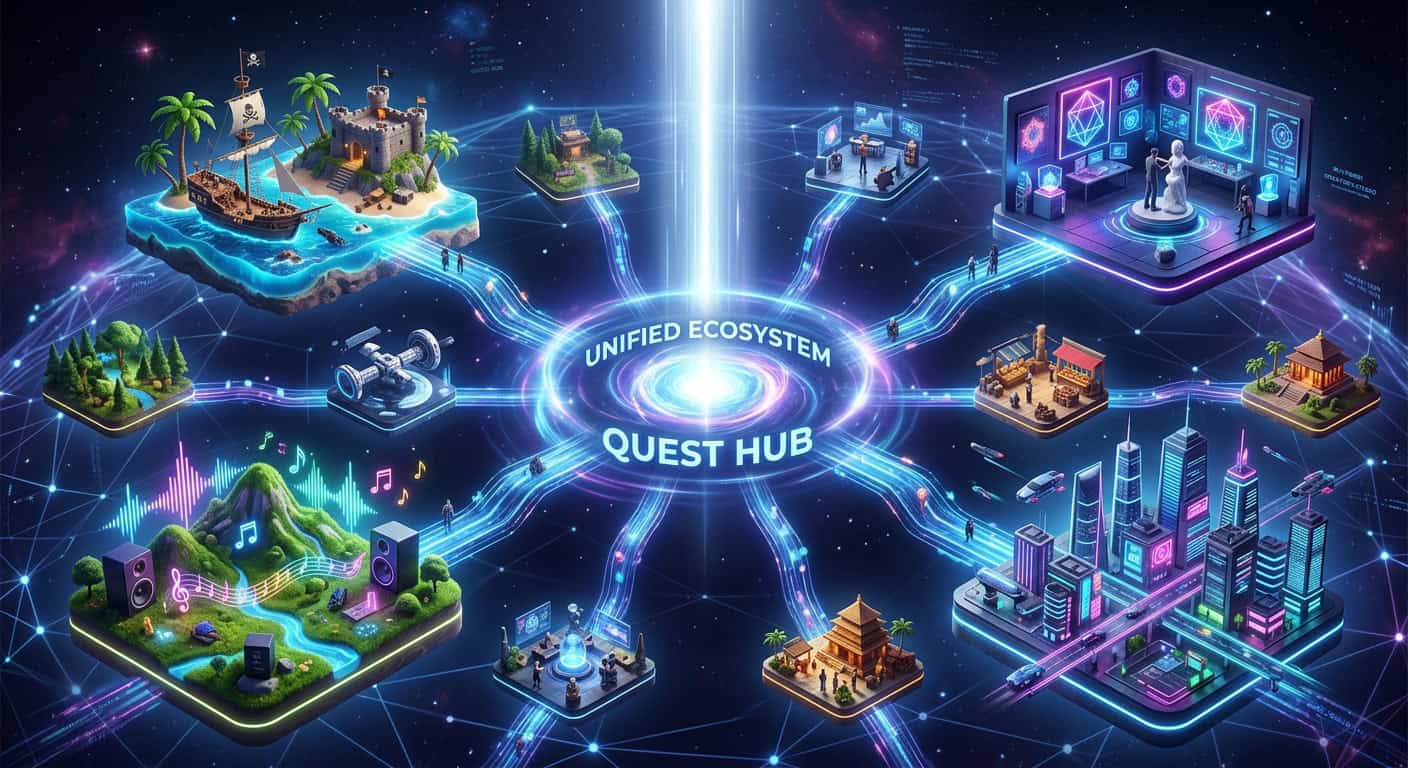 Digital illustration of a central Unified Ecosystem Quest Hub connected by glowing paths to various themed platforms