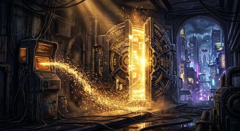 Sparks fly from a terminal displaying Transition Protocol as a massive vault door opens to a futuristic city