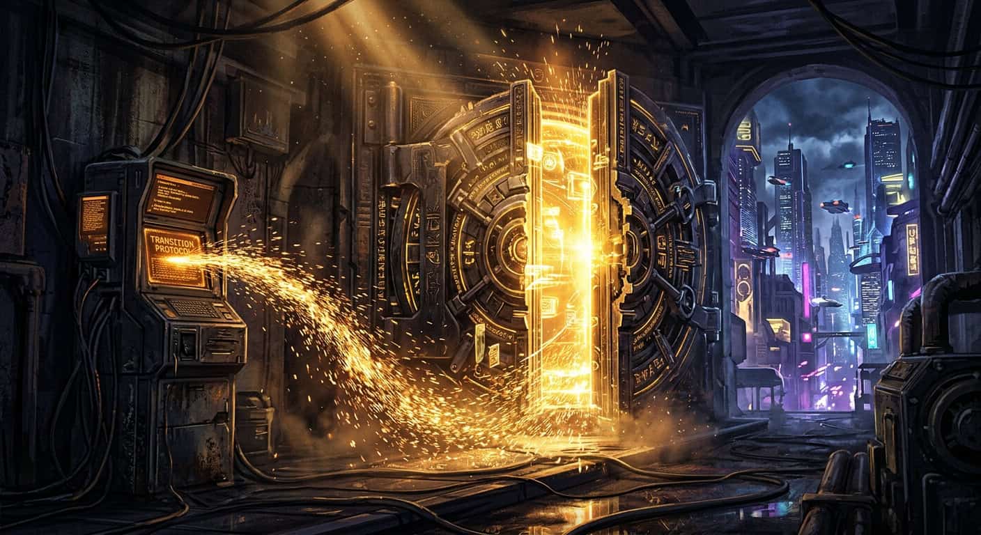 Sparks fly from a terminal displaying Transition Protocol as a massive vault door opens to a futuristic city