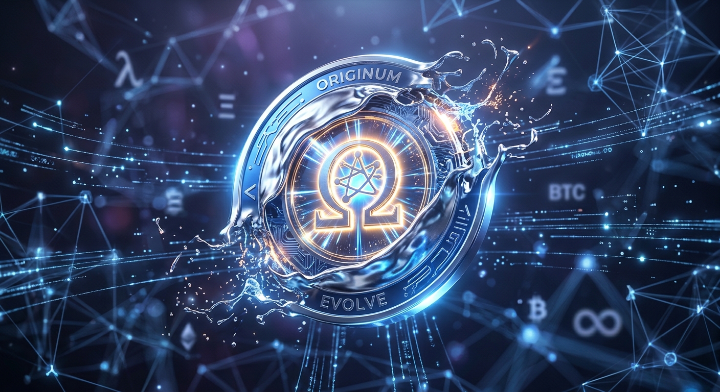 Originum Evolve logo with a glowing Omega symbol and atom inside a metallic ring, set against a digital network