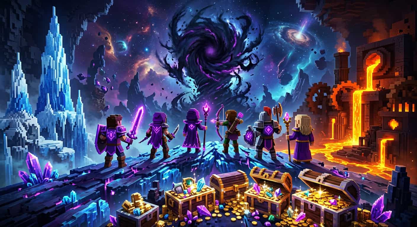 Six blocky fantasy heroes face a swirling purple portal in a cosmic sky, surrounded by ice, lava, and treasure
