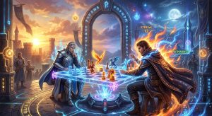 An elf and a human mage play magical chess on a glowing board. The mage is winning with a streak of 12