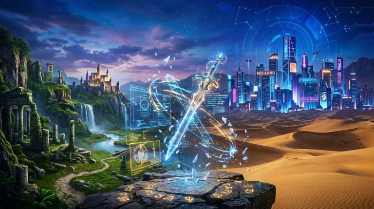 A glowing sword with holographic data screens floats between a fantasy castle and a neon cyberpunk city