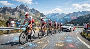 Cyclists racing up a mountain with digital overlays showing 38km/h speed, 11% gradient, and 450w power