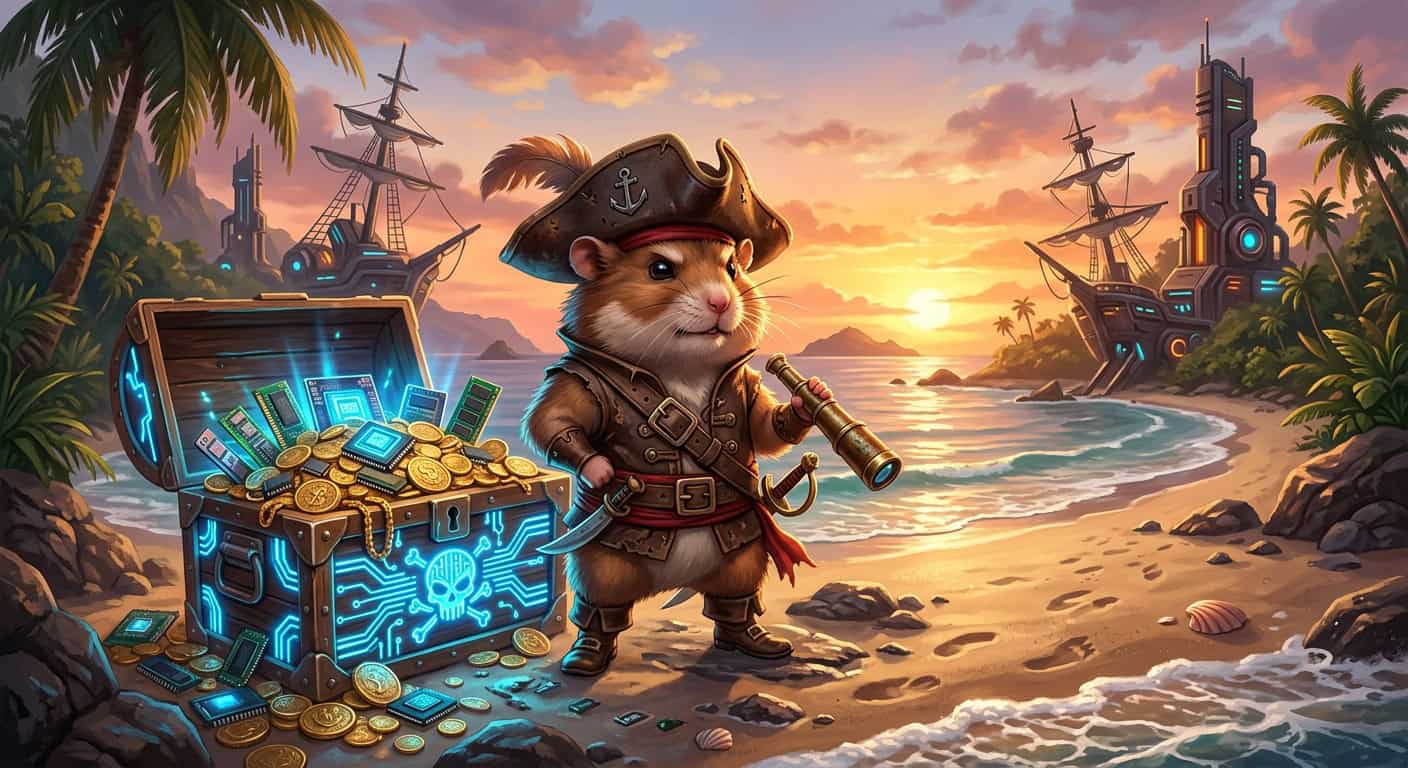 Pirate hamster on a beach with a glowing treasure chest containing gold coins and computer hardware