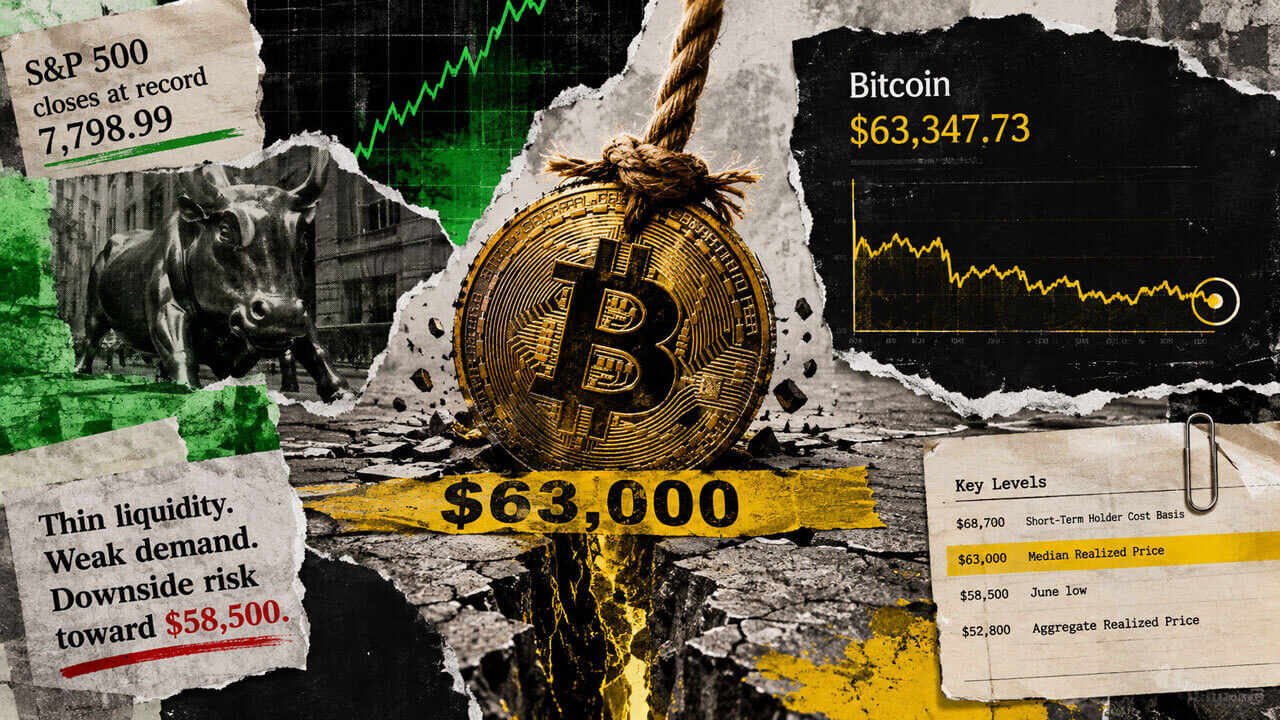 bitcoin pinned at 63000 as order books thin out and the sp 500 sets a new record Thursday's session ended with the S&P 500 at an all-time closing high of 7,798.99. Bitcoin finished the very same session at $63,347.73 — only a few hundred dollars clear of a line it has been leaning against for over a month.