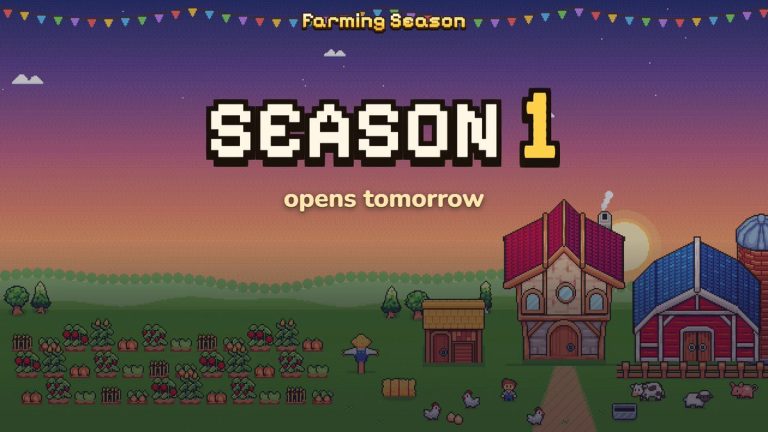 Farming Season Season 1 artwork: a pixel-art farm with a red barn, crops and animals at sunset